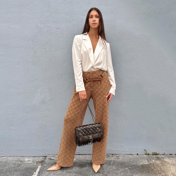 Fendi Karligraphy Velvet Logo Brown Tan Straight Leg Trousers 42IT/ 8US - Picture 2 of 14